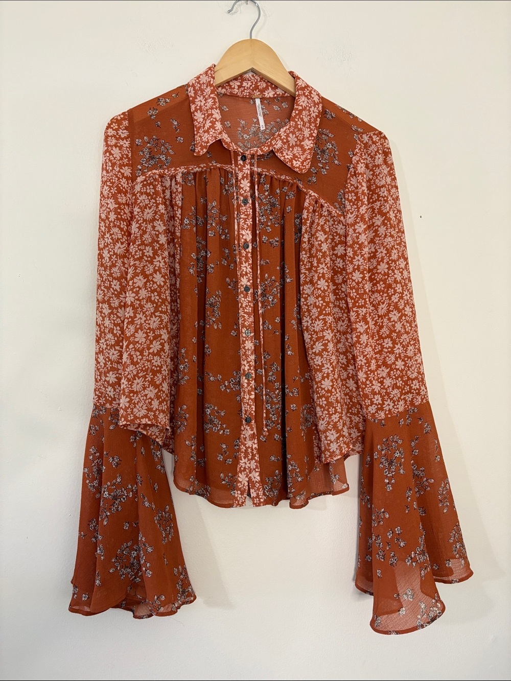 Free People Bell Sleeve Top Shirt Button Front Patchwork Boho Hippie Chic Medium